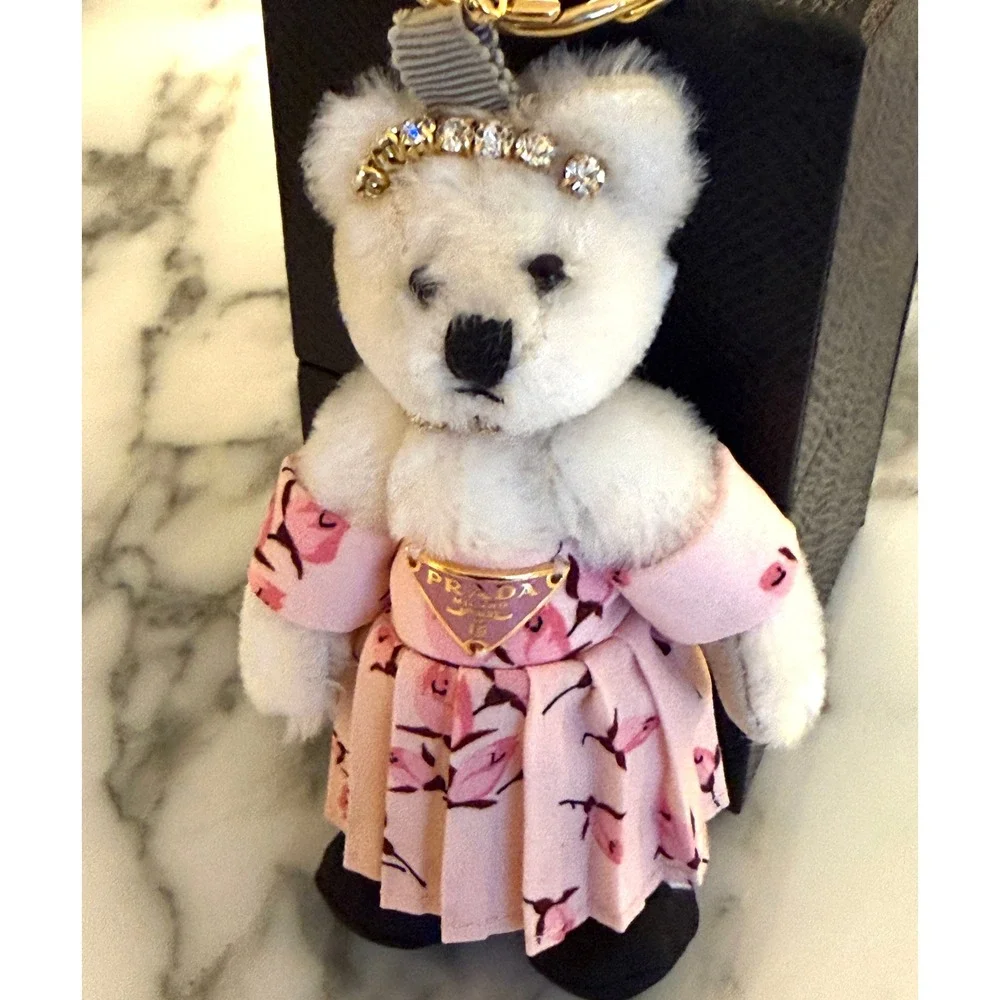 Prada Trick Orsetto Mary Rose Bear‎ Keychain Charm Bianco Pink Floral 1TR046
